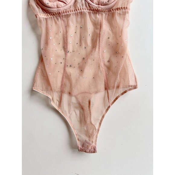 I.D. SARRIERI Light Pink Mesh Swarovski Rhinestone Thong Bodysuit, Size M - Picture 6 of 16